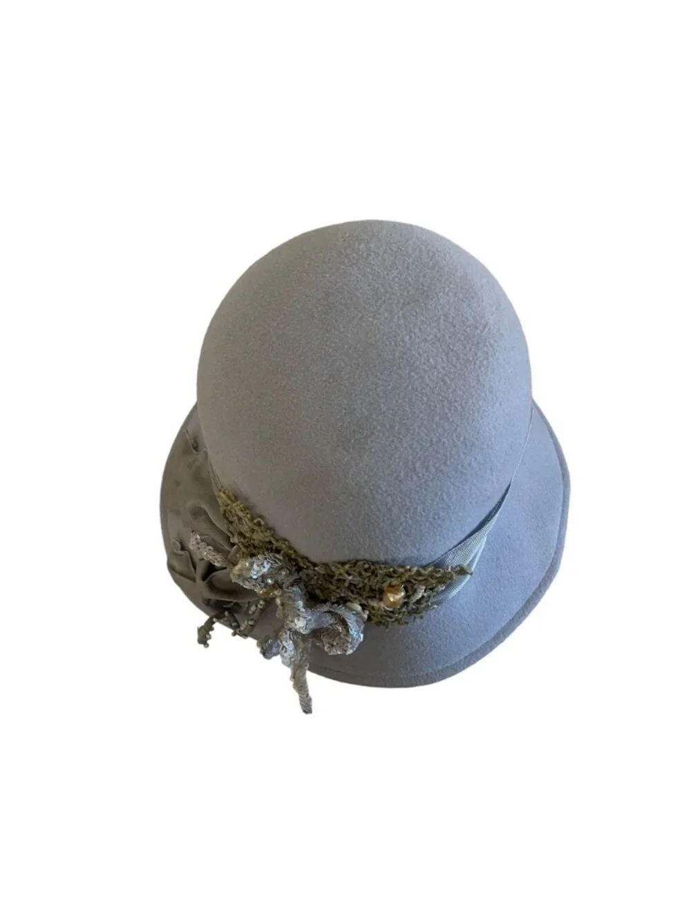 Louise Green Gray Wool Cloche Hat With Green Embellished Bow & Sequins